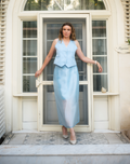 Baby blue fitted knee-length pencil skirt with a center back slit